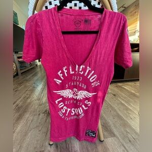 Vintage Y2K Affliction Women's Hot Pink Graphic V-Neck Tee Size Small